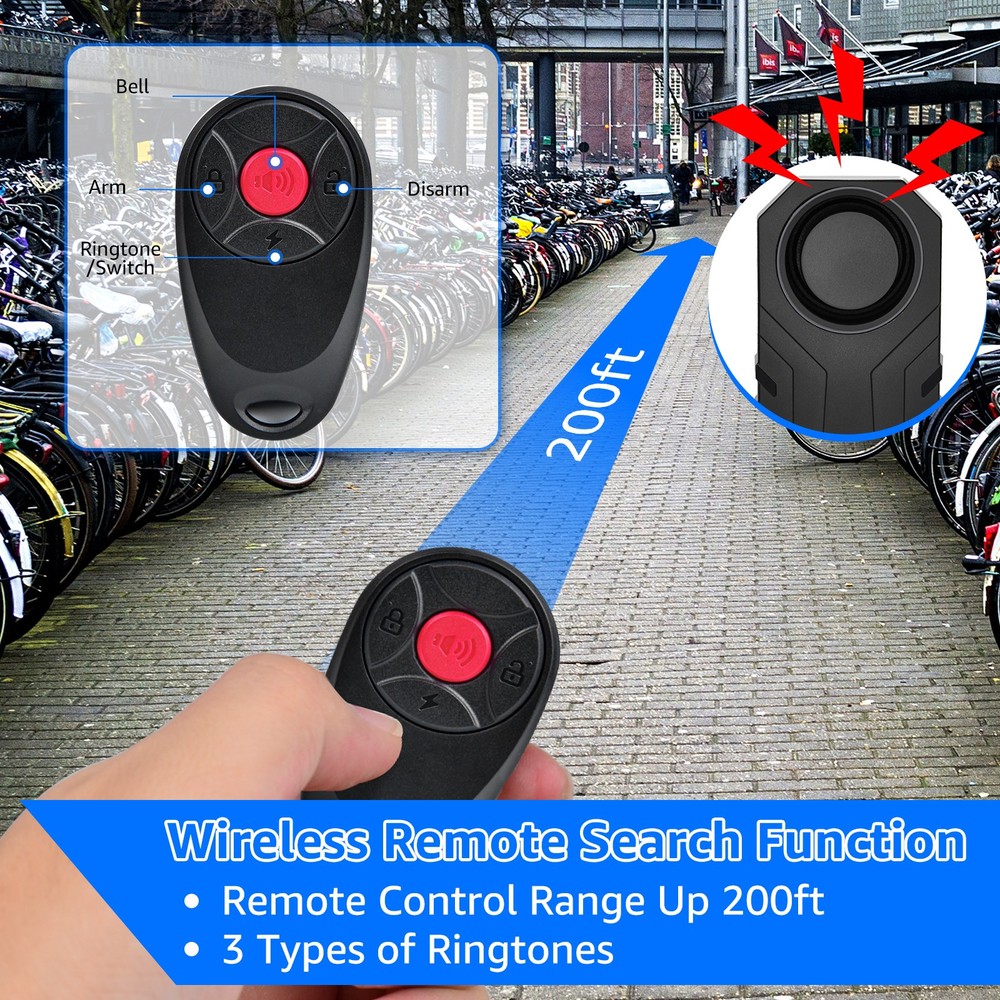 Wireless Remote Anti-Theft Alarm for Bikes 200ft Control Range Easy Installation