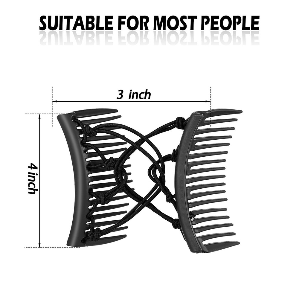 4 Pieces Stretchy Double Comb Adjustable Elastic Hair Large, Solid Black