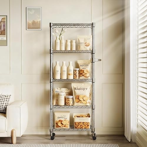 5-Tier Metal Storage Shelves, Adjustable Wire Shelving Units with Side Handle