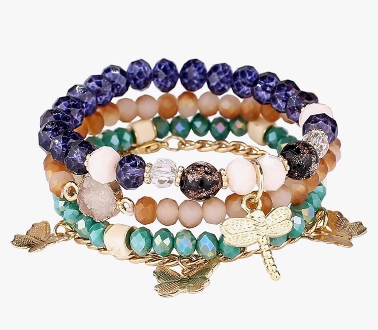 4 PC Handmade Bohemian Beaded Stackable 7" Plus Stretch Bracelet Set New B1755