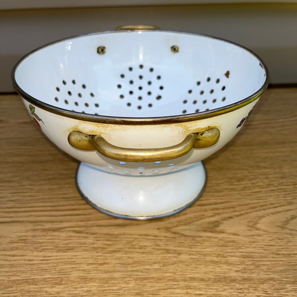 Vintage White Colander Strainer Handles Fruit Cherries Design