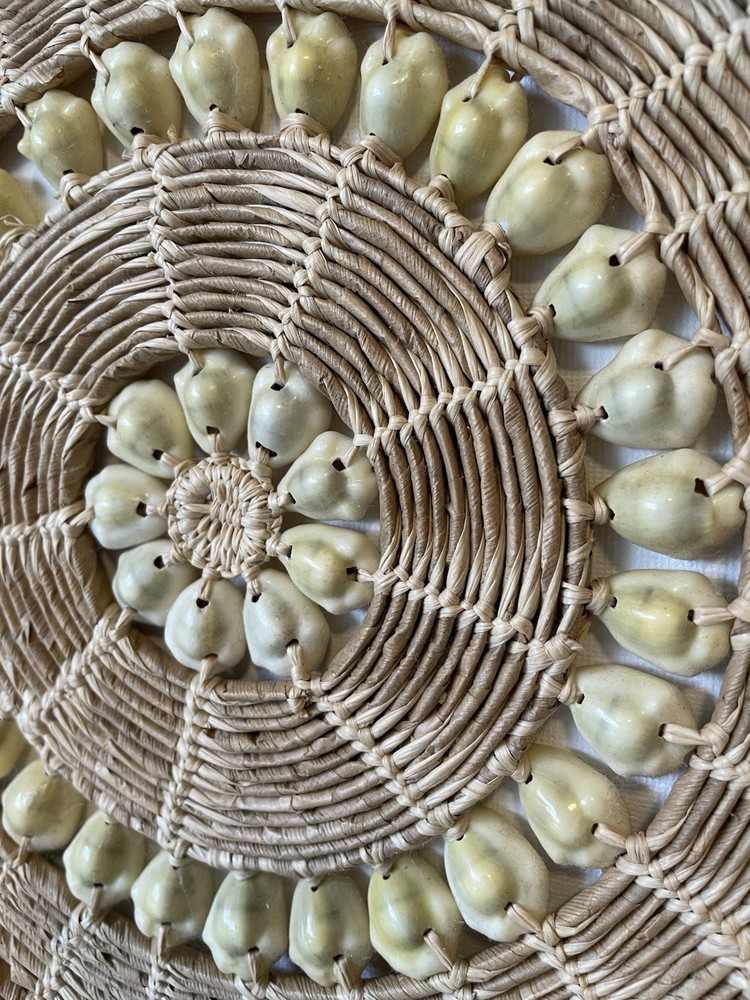 Round Wicker Decorative Basket with Shell Accents, Boho Style, Handmade