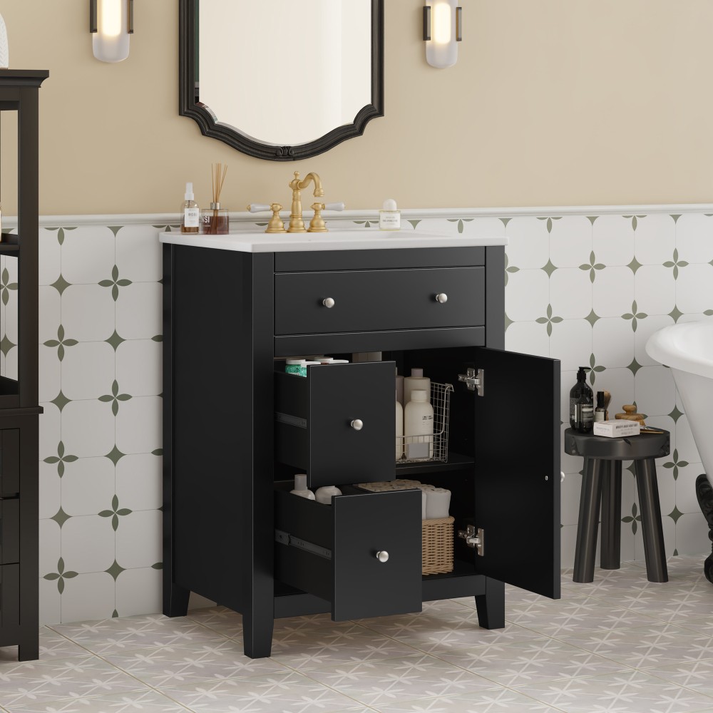 Bathroom Vanity with Ceramic Basin Features Two Drawers and Soft-Close Doors