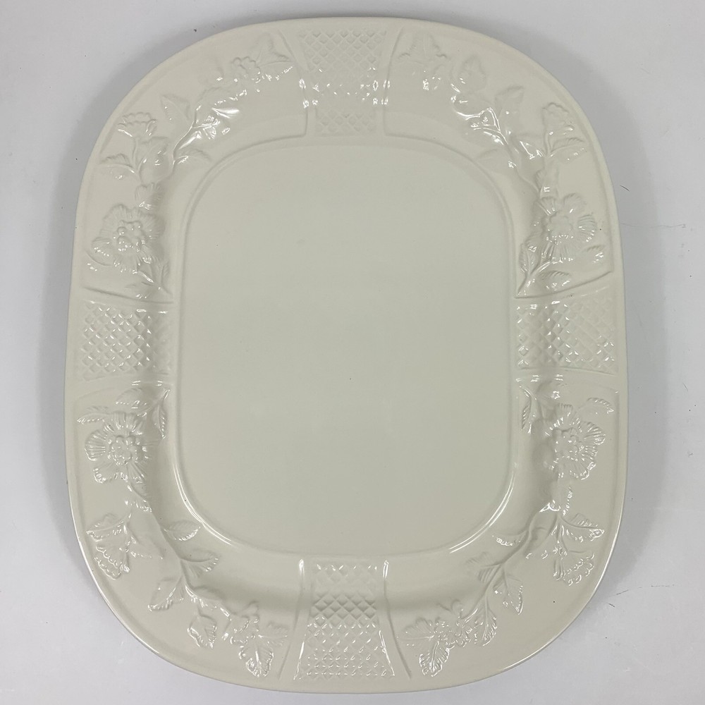 Serving Platter Made In Italy Beige Raised Floral Pattern Rectangular 14.5 X 12"