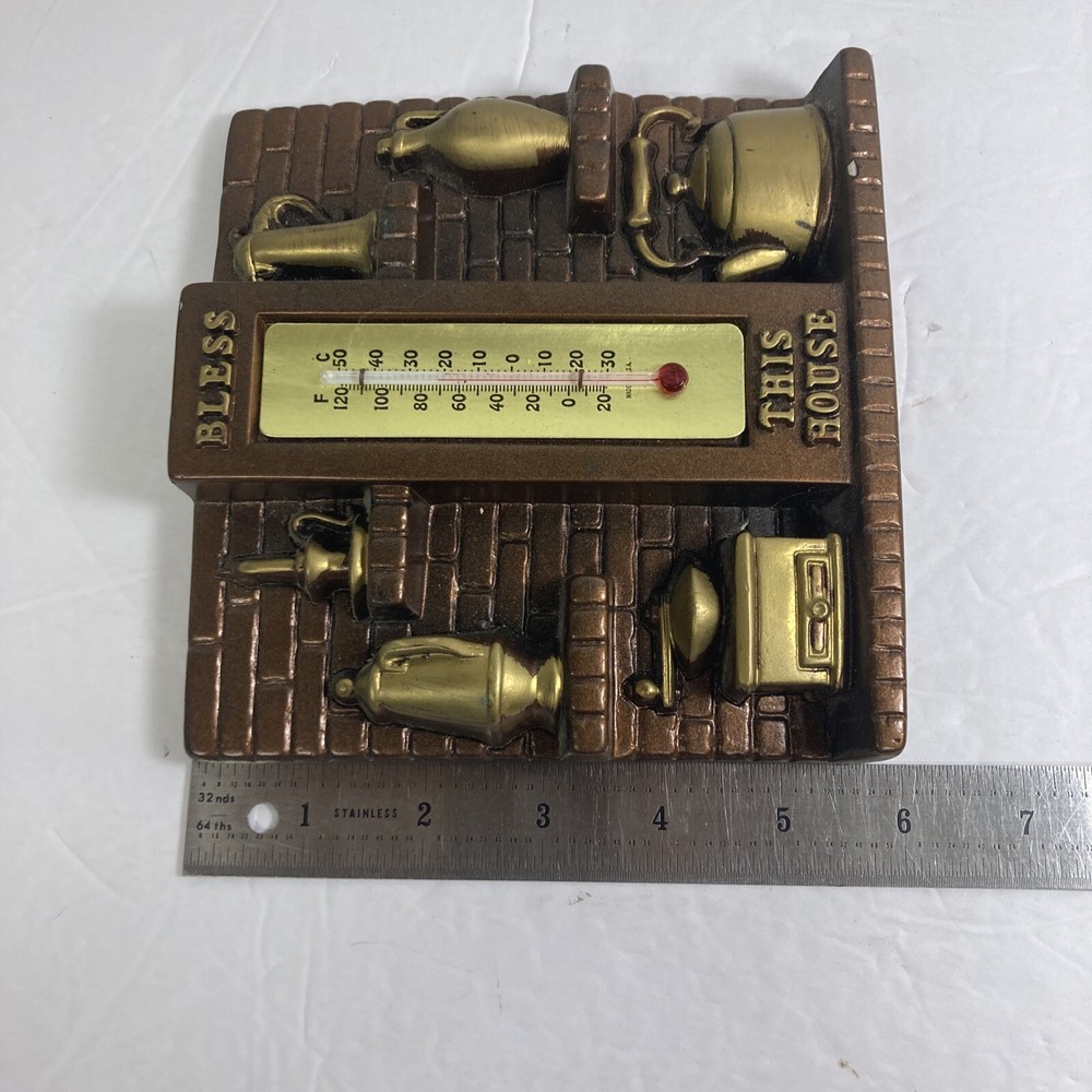 PRISTINE 1975 MILLER STUDIO CHALKWARE BLESS THIS HOUSE THERMOMETER