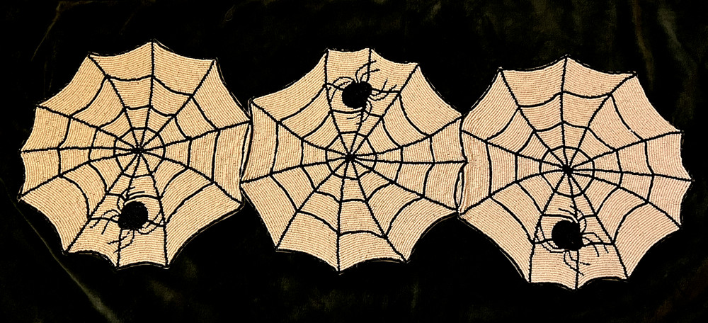 HALLOWEEN SPIDER WEB BEADED 13" X 39" RUNNER, MAX STUDIO