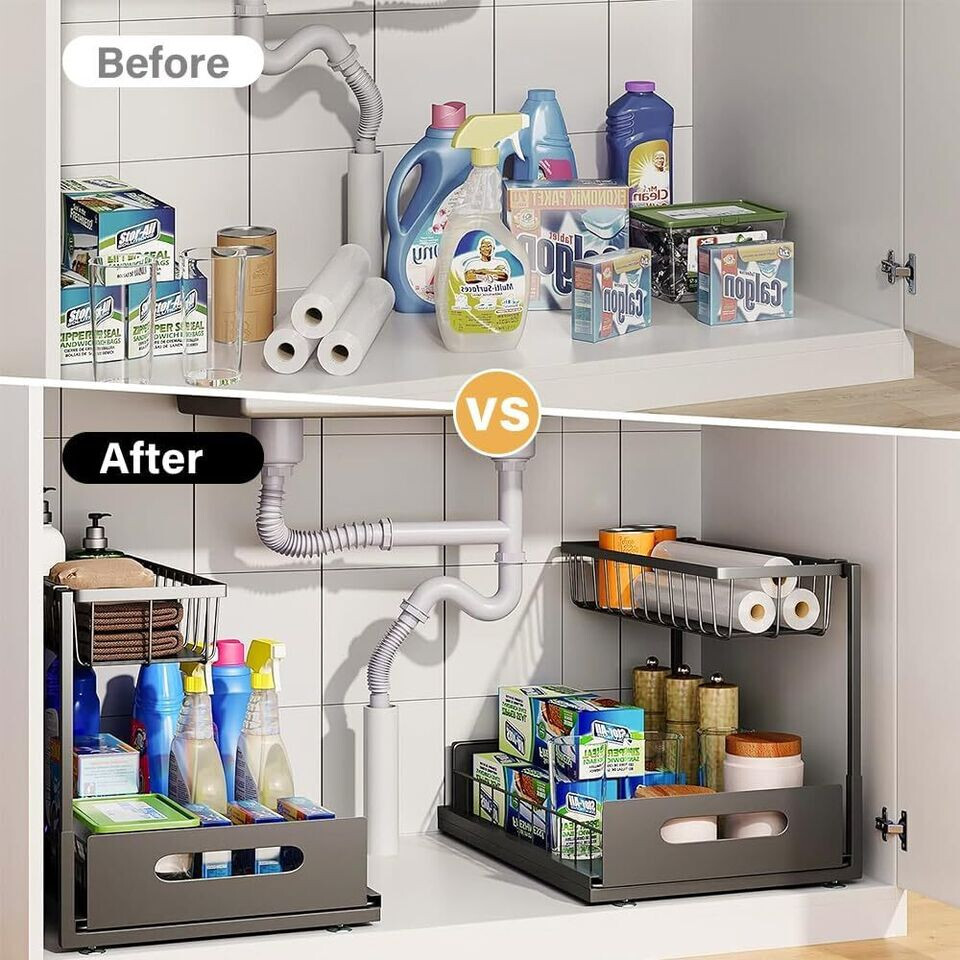 Under Sink Pull-out Drawer Cabinet Organizer Storage Shelf kitchen bathroom 2pcs