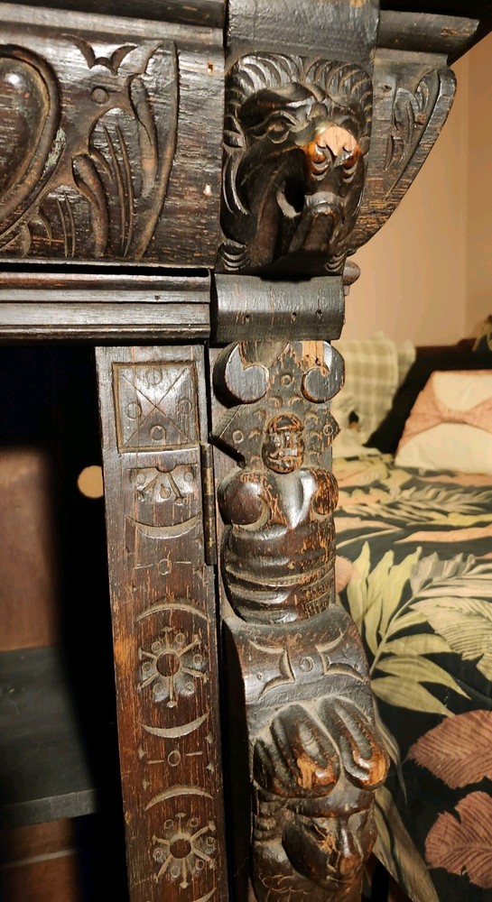 Antique Carved Oak Bookcase Cupboard