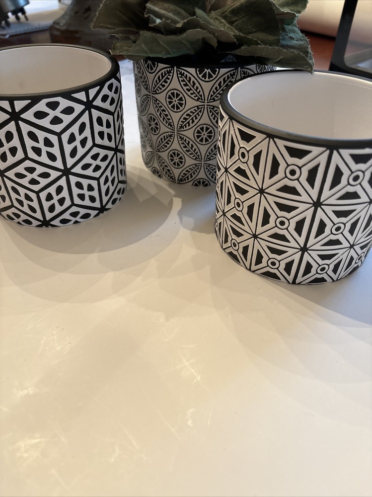 Three Ceramic Hanging Or Sill Planters With macramé B&W Designs
