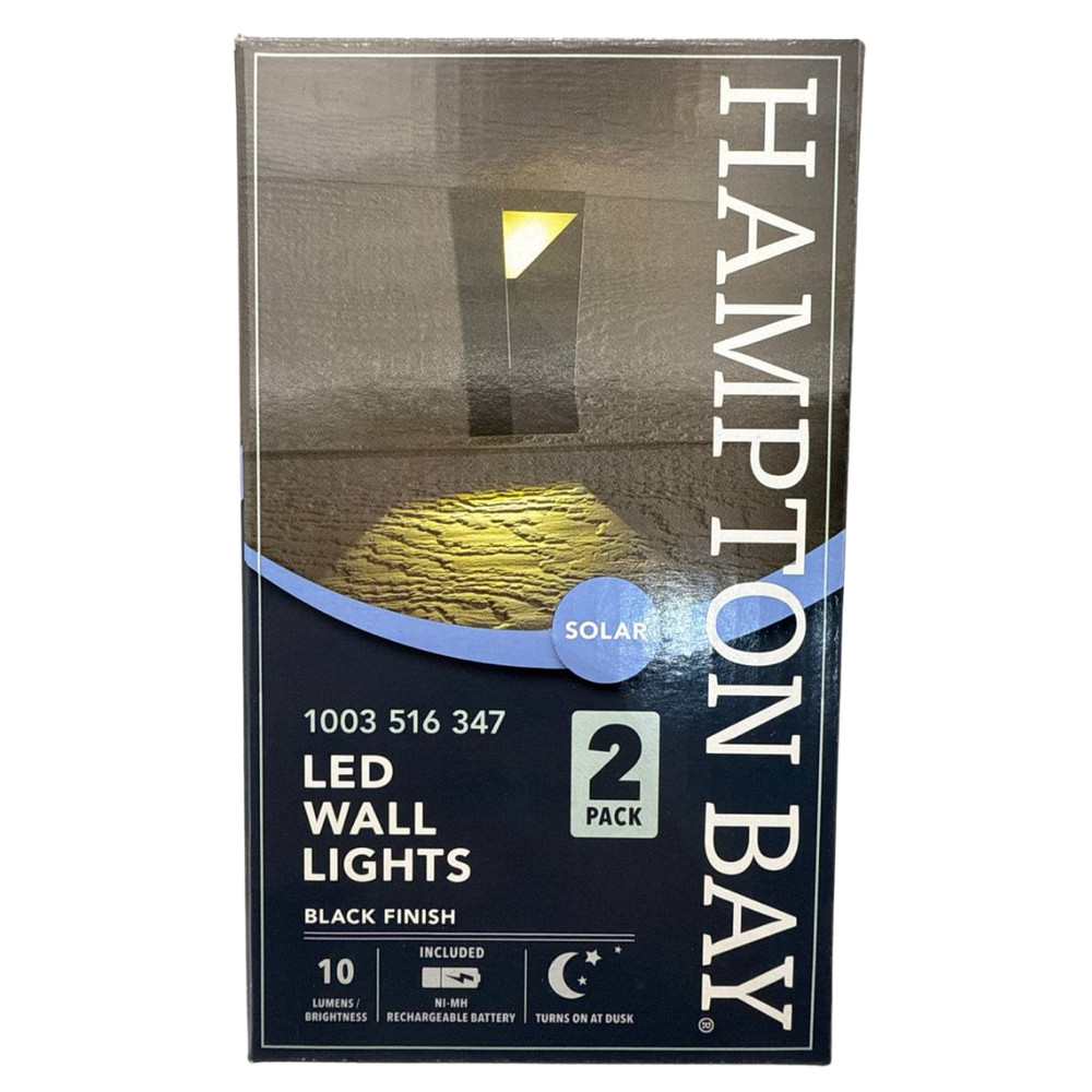 Hampton Bay Black Integrated LED Outdoor Solar Wall Lantern Sconce Light 2 Pack