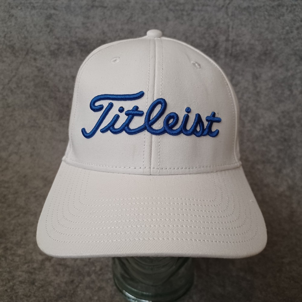Titleist Hat Mens White Adjustable Blue Script Embroidered Logo Golf Cap