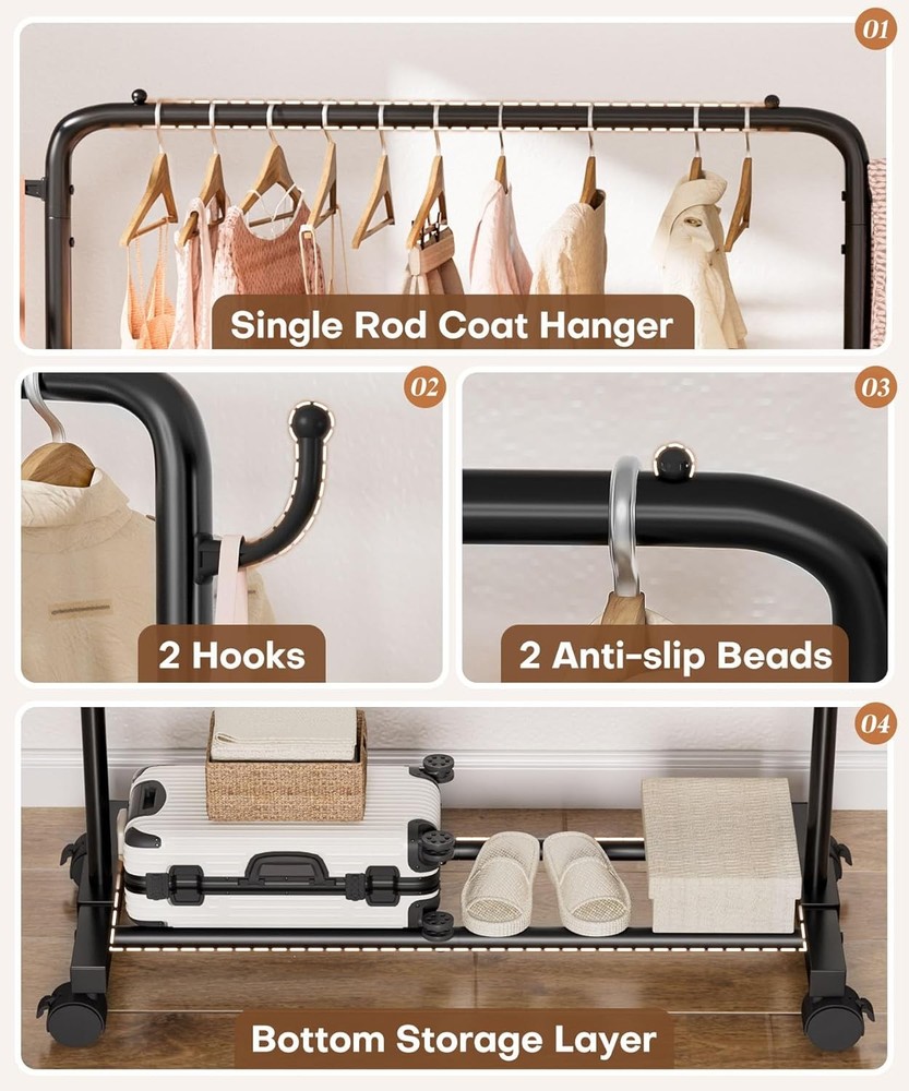 Adjustable Rolling Clothes Rack with Hooks - Heavy Duty Indoor Storage