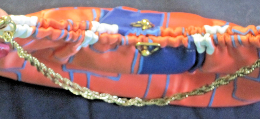 1970's orange & blue rectangle patterned clasp purse with chain - GROOVY!