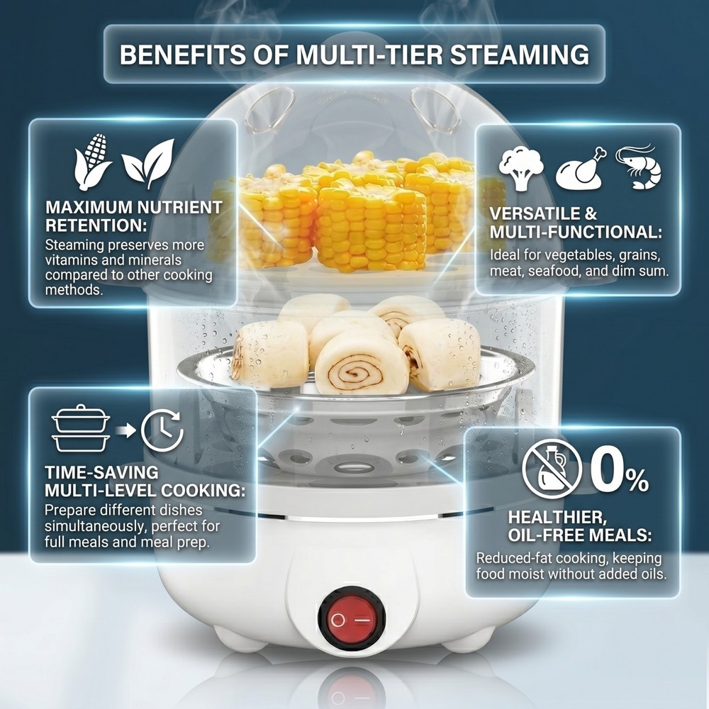 Electric Egg Cooker Boiler Double Layer Automatic 14 Egg Capacity Steamer