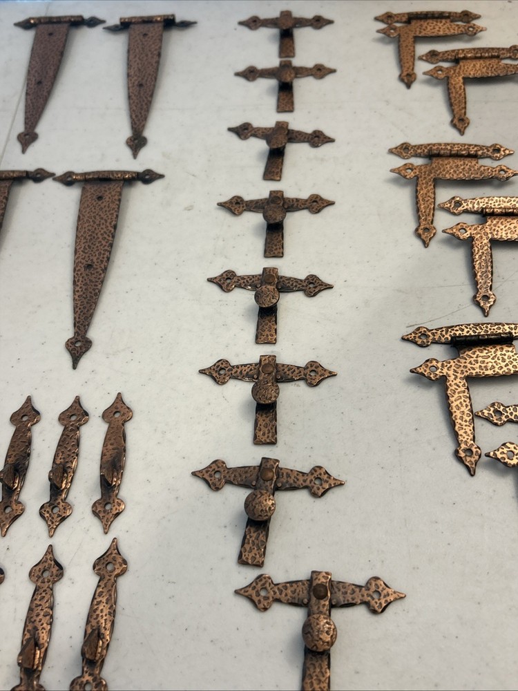 Large Misc Lot Of Hammered Copper Cabinet Drawer Hinges Pulls