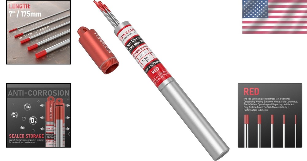 AWS Certified Tungsten Electrode Red Tip 1/16" x 7" - 10 Pack for Precision W...