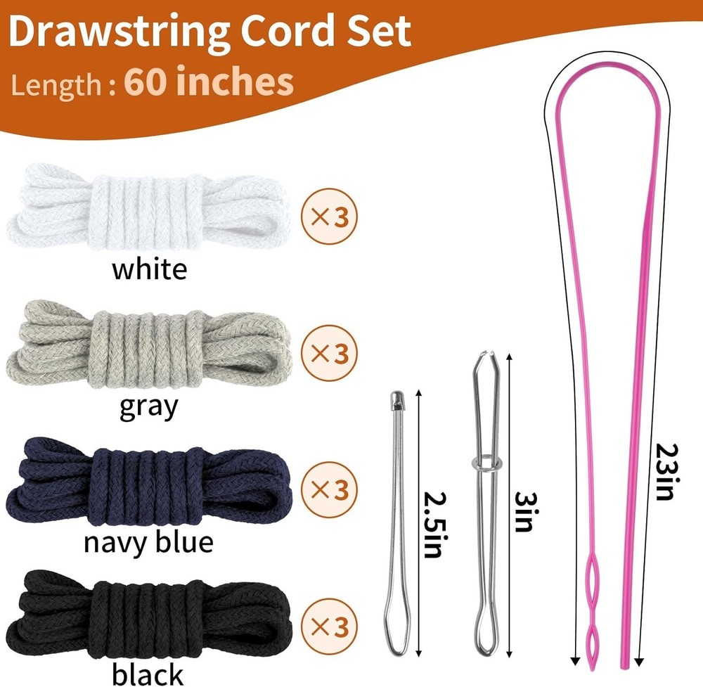 12pcs 60 Inch Drawstring Replacement Cord for Hoodie Pants with Threader Black G