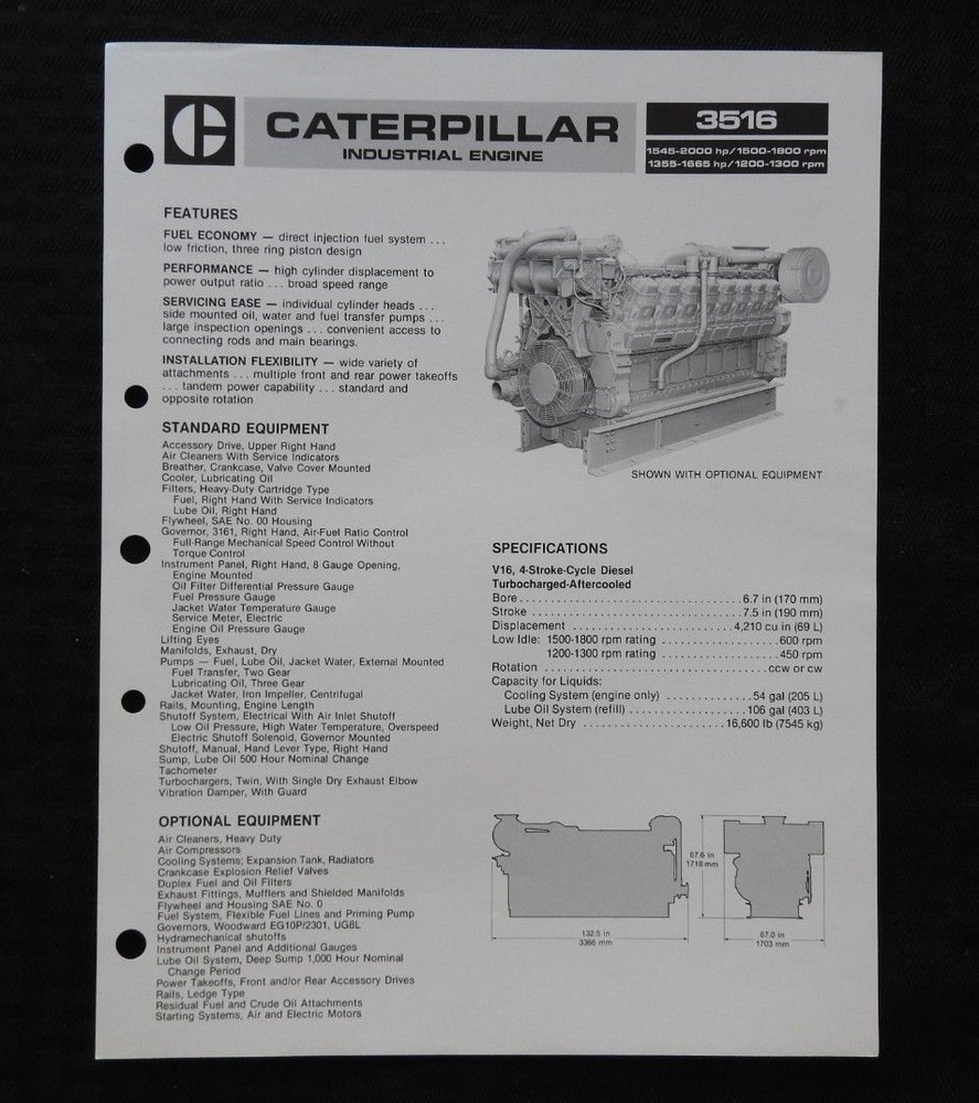 1985 CATERPILLAR 3516 INDUSTRIAL DIESEL ENGINE SPECIFICATION BROCHURE NICE SHAPE