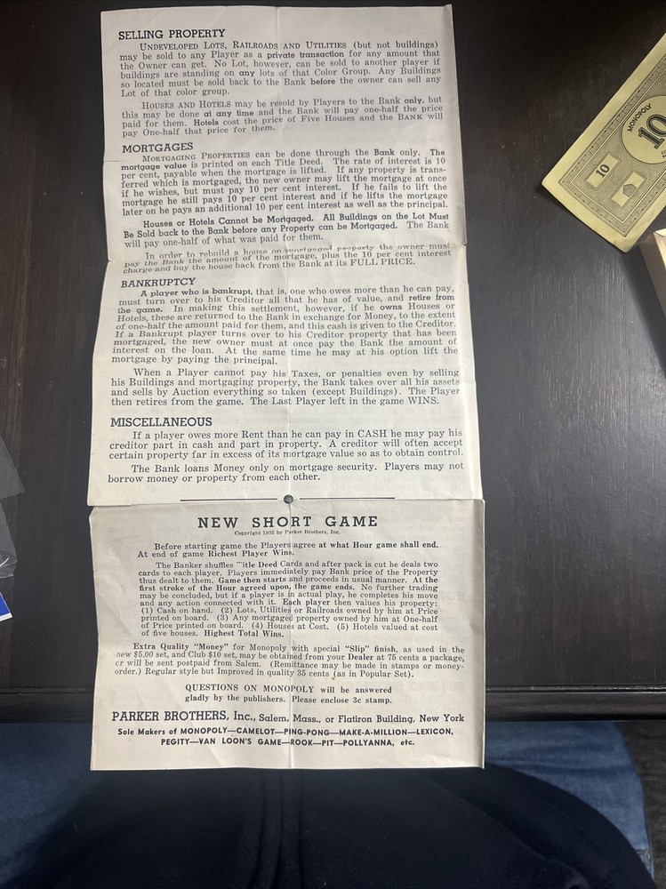 Vintage 1935 Monopoly Instructions