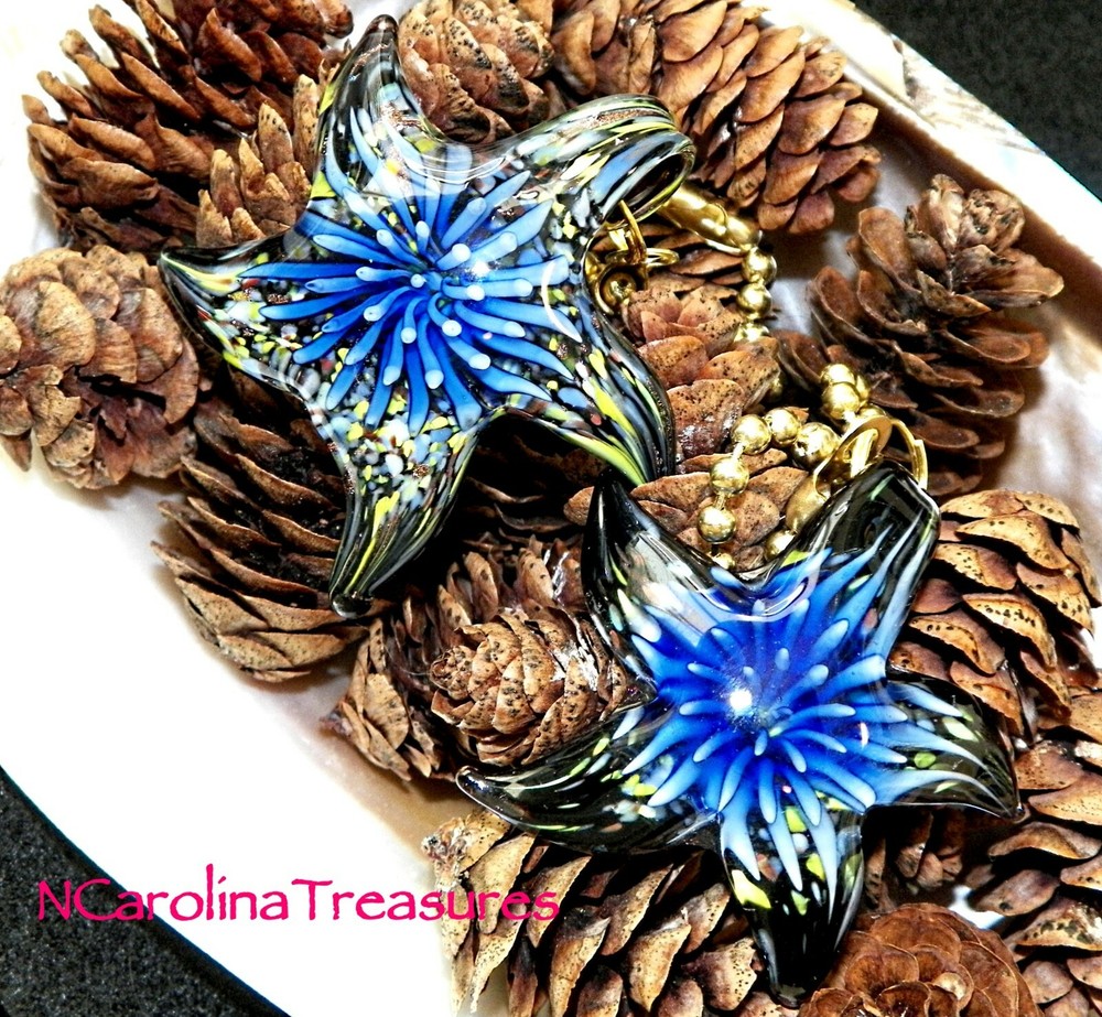 STAR STARFISH GLASS CEILING FAN LIGHT SWITCH PULL DARK BLUE BLACK BURST LG PAIR