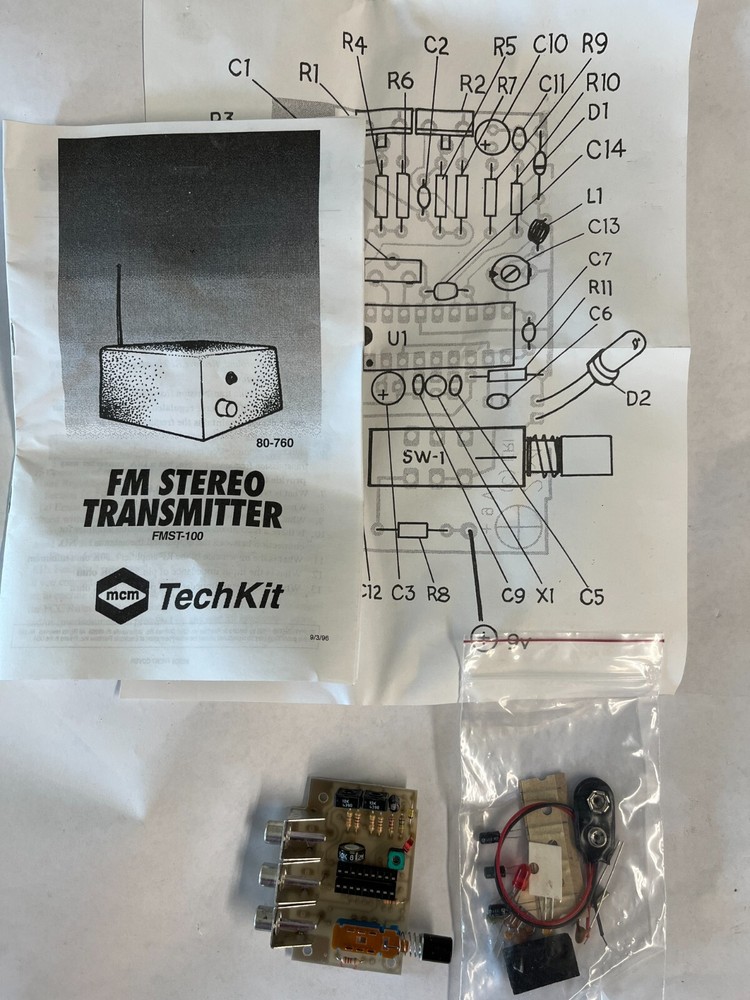 FM band transmitter, left and right audio inputs for FM stereo, 9VDC powered