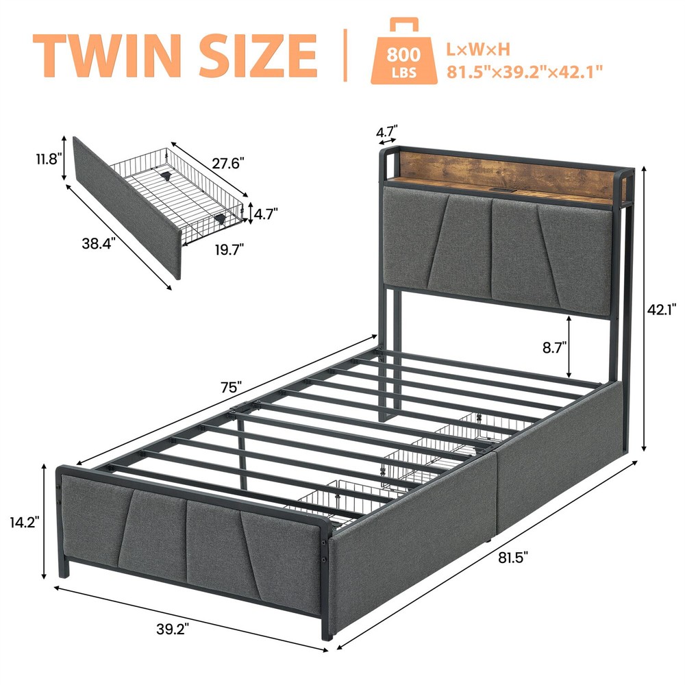 ✅Twin Size Bed Frame with 2 Storage Drawers Linen Upholstered Platform Bedframe