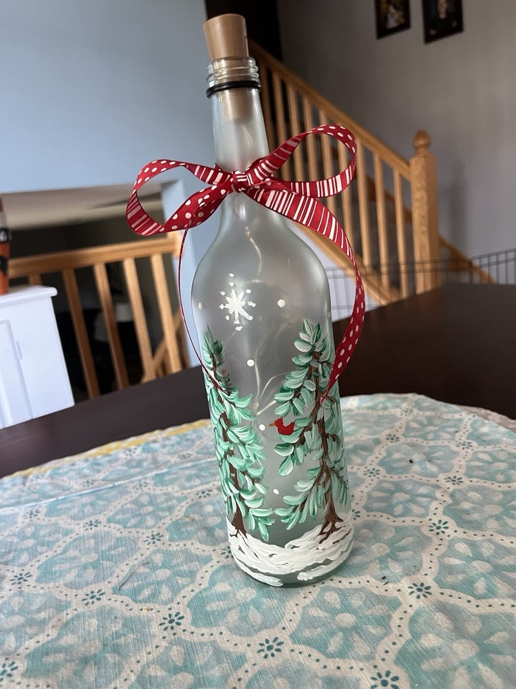 Winter Scene Handpainted On A Lighted Wine Bottle