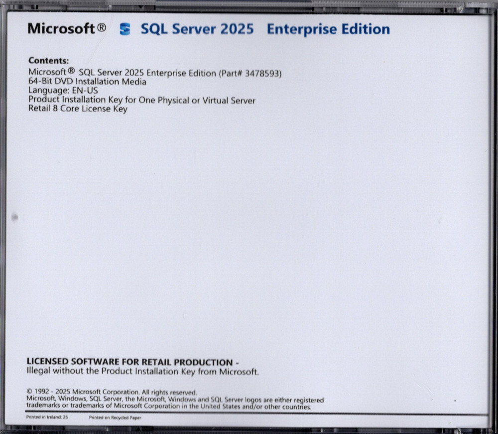 Microsoft SQL Server 2025 Enterprise with 8 Core License, unlimited User CALs