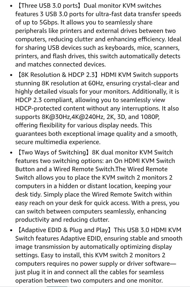 8K HDMI KVM Switch 2 Monitors 2 Computers, 8K@60Hz Dual KVM Switch for 2...