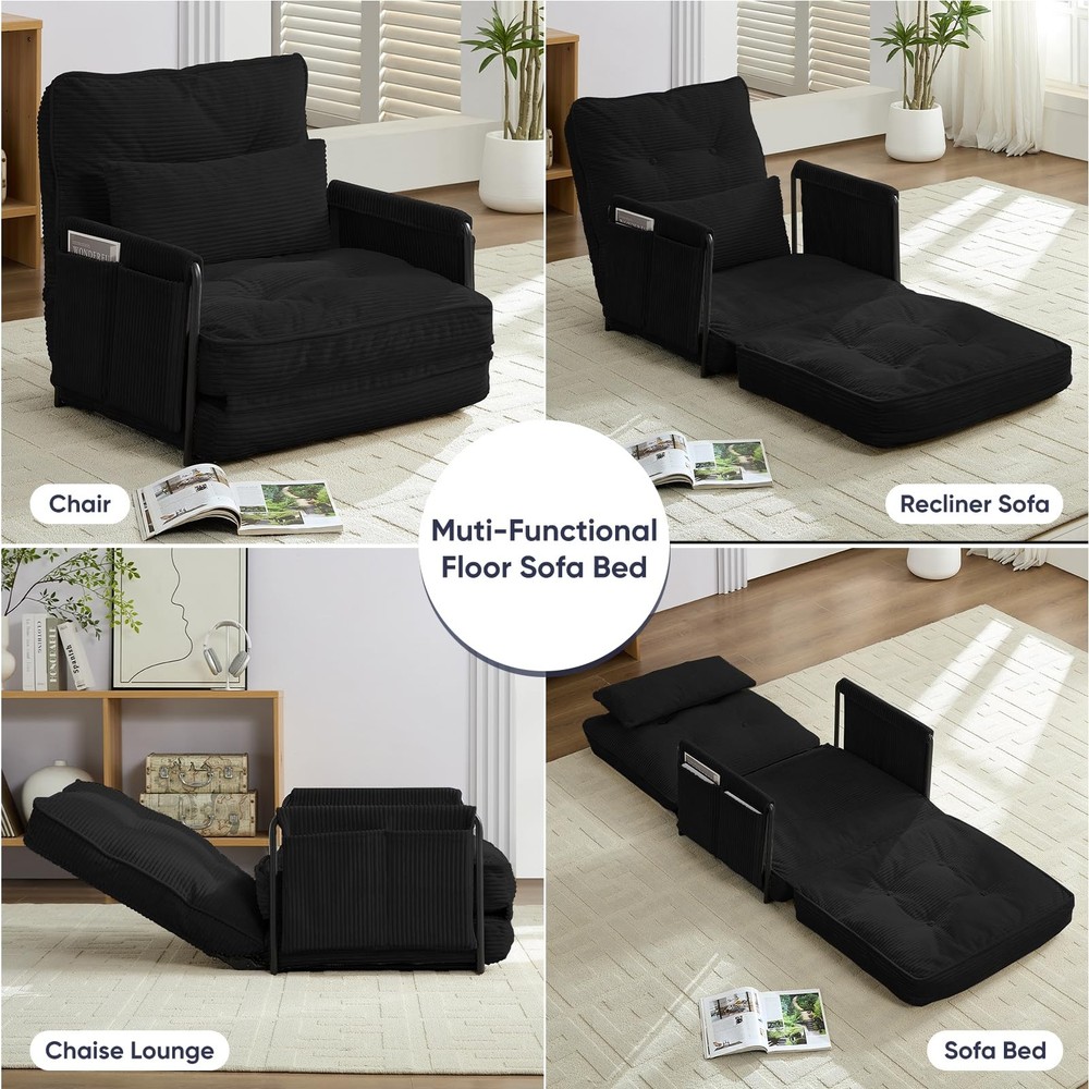 Foldable Floor Sofa with Pillow Adjustable Backrest Sleeper Bed Black Single