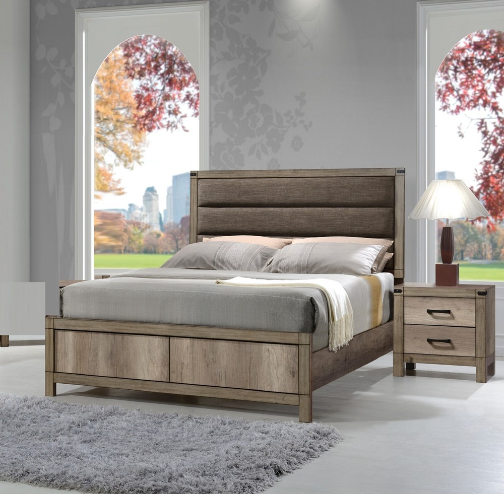 3pc Queen Size Bed 2x Nightstand Melamine Finish Bedroom Set Rustic Light Grey