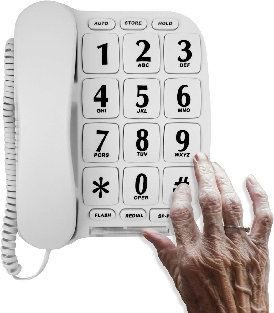 Big Button Phone for Wall or Desk with Speaker and Memory White
