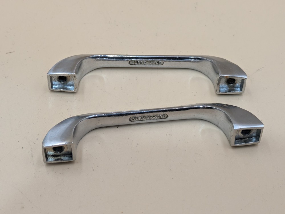 Pair Vintage Surrey Ware Mid Century Kitchen Cabinet Drawer Pull Handle Chrome