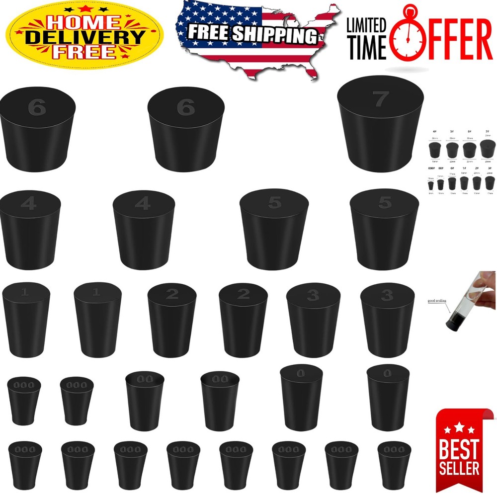 27 Assorted Black Rubber Stoppers -  Lab Bungs & Easy Application