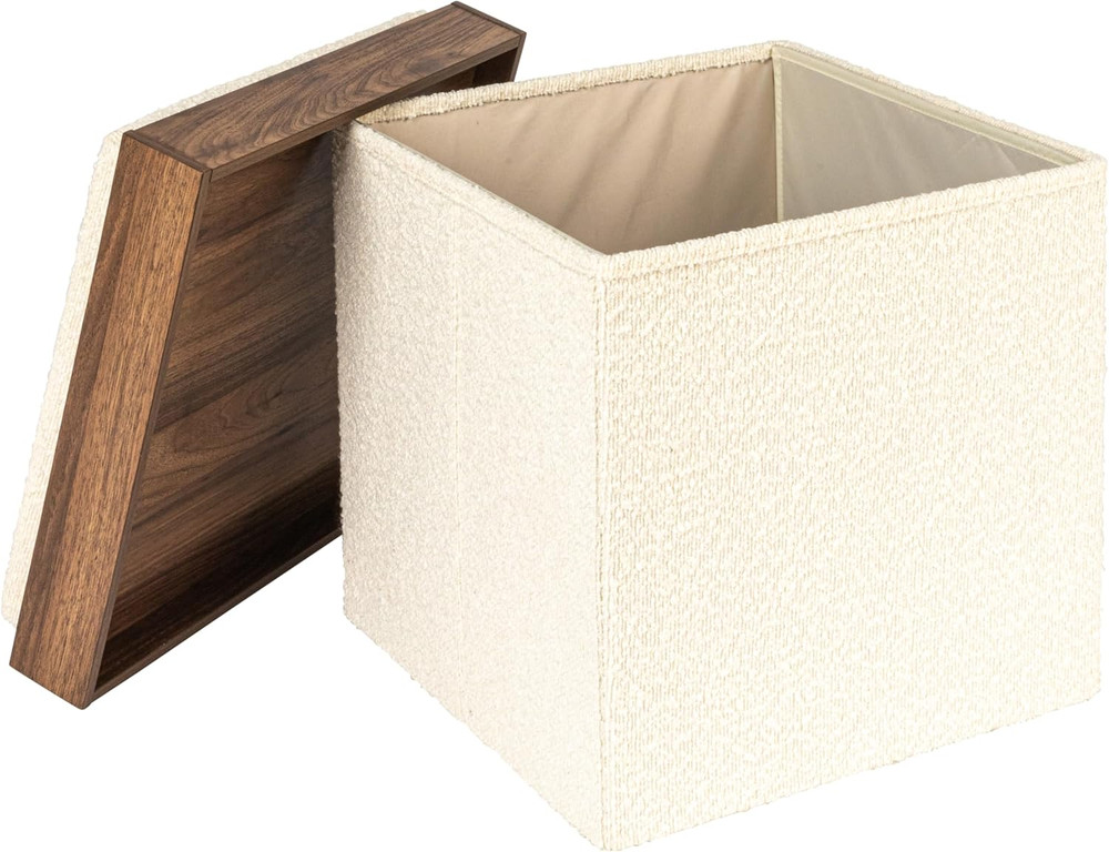 Versatile Boucle Ottoman with Hidden Storage, Cream