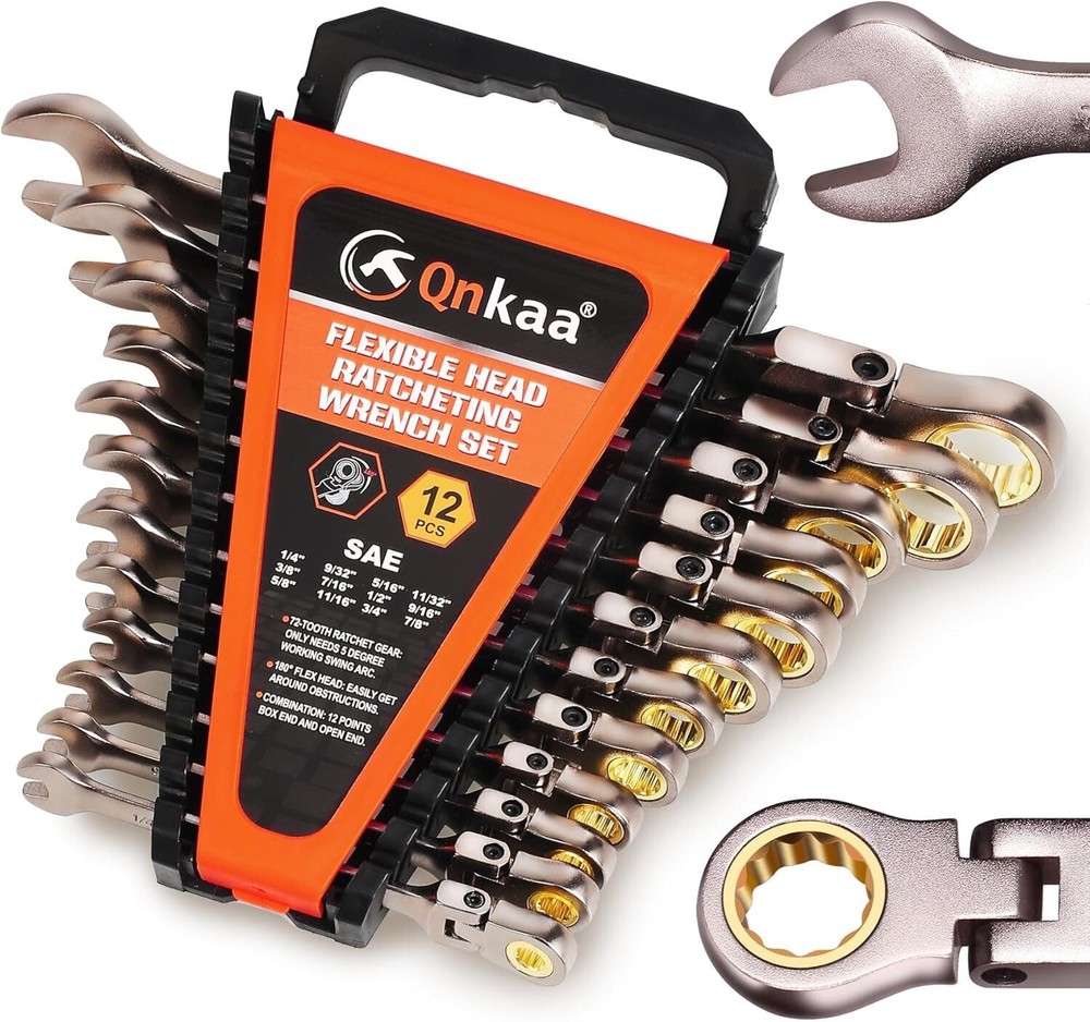 12pcs SAE Ratcheting Combination Wrench Set Flex Head & Fixed Head Spanners Kit