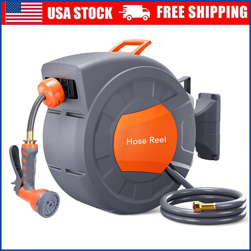 Retractable Garden Hose Reel 1/2 in x 100 ft Wall Mounted w/9 Function Nozzle