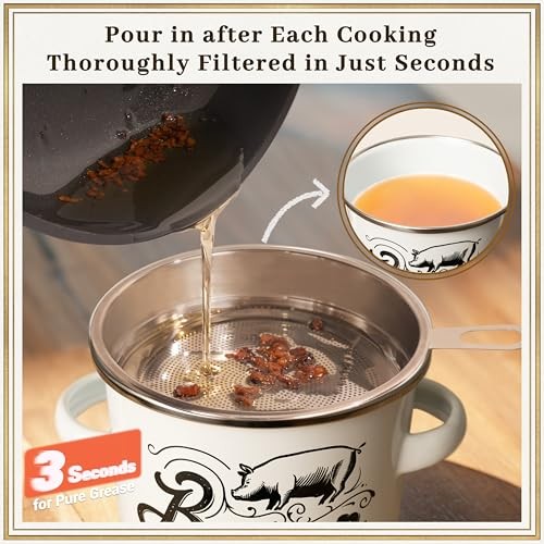 Bacon Grease Container with Strainer - 46OZ Large Capacity, With 46oz White