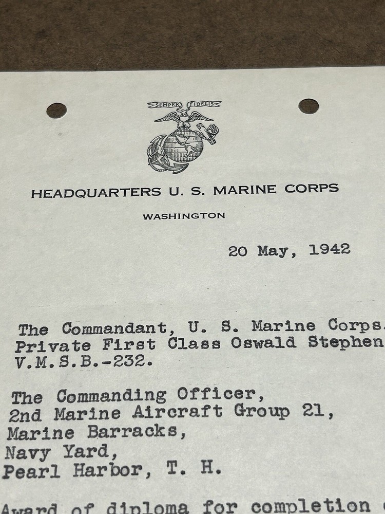 USMC WWII ERA MILITARY DOCUMENT, 20 MAY 1942