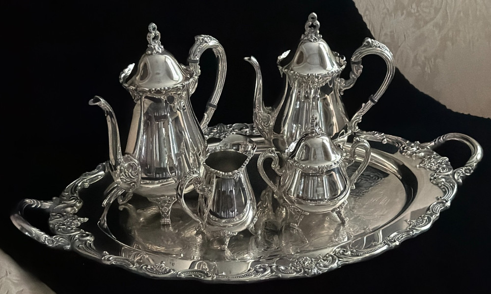 REED & BARTON-El GRECO-Silverplate-Complete 5 piece set including tray-authentic