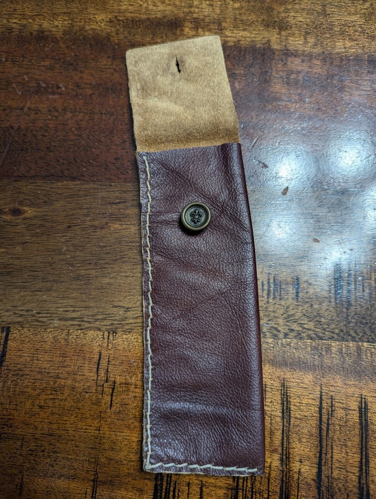 Handmade Brown Thin Leather Pen Bag With Fleur-De-Lis Button