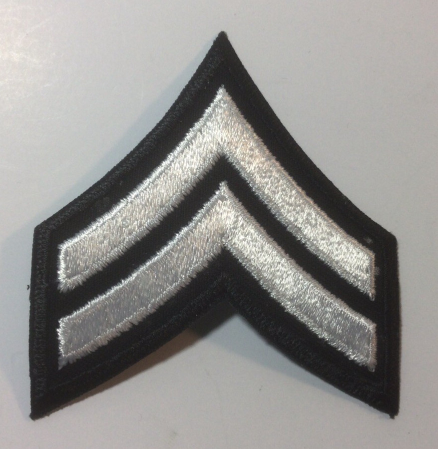 (2) Corporal Chevron Patch 3" size - 2 stripes - White on Black