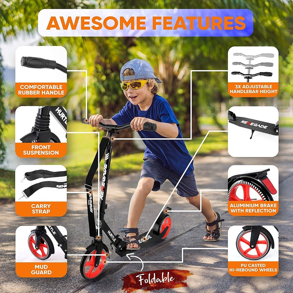 Hurtle Adjustable Lightweight and Foldable Kick Scooter High Impact Wheels Black