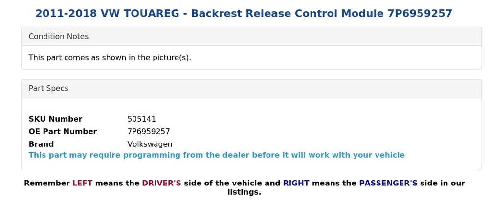 2011-2018 VW TOUAREG - Backrest Release Control Module 7P6959257