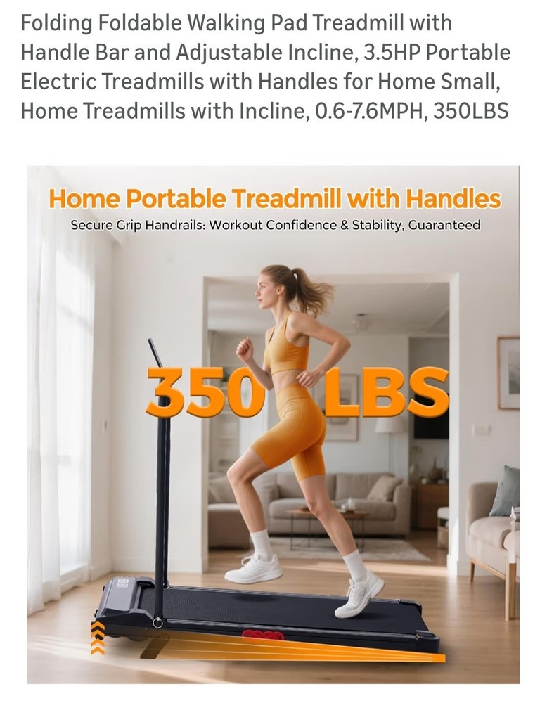 Folding Foldable Walking Pad Treadmill with Handle Bar and Adjustable Incline, 3
