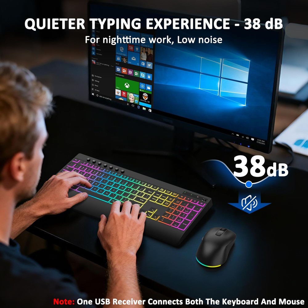 Wireless Keyboard and Mouse Combo, 9 Backlit Effects, Rechargeable 4000mAh Ba...