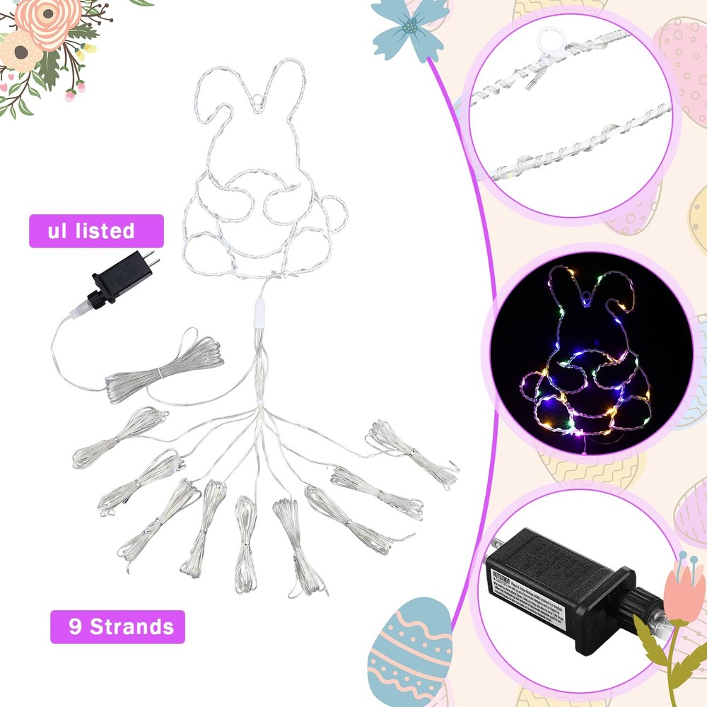 Huquary 12 ft Easter Bunny Waterfall String Lights with 305 LED Multicolor