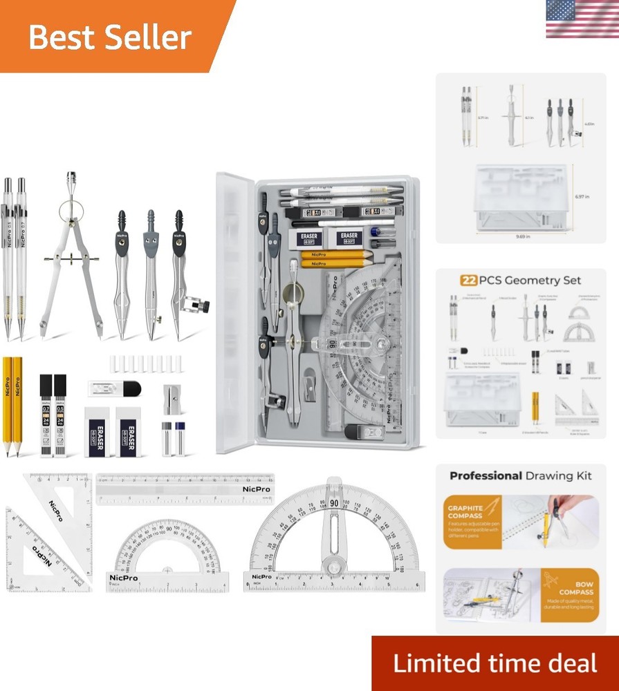 22 PCS Compass Geometry Tools with Case, Drafting Tools Geometry Set with Swi...
