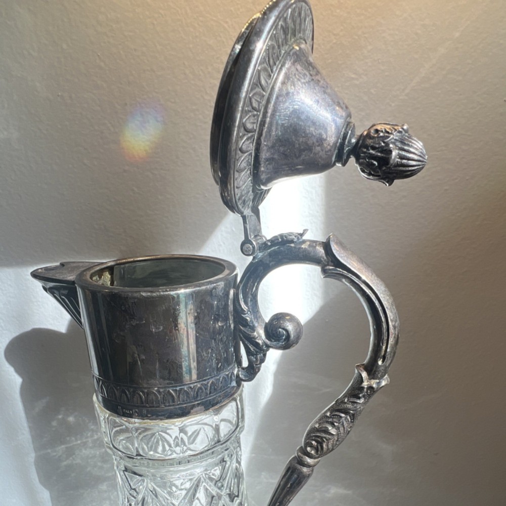 Italian Silverplate Cut Glass Lidded Pitcher Victorian Diamond Pattern