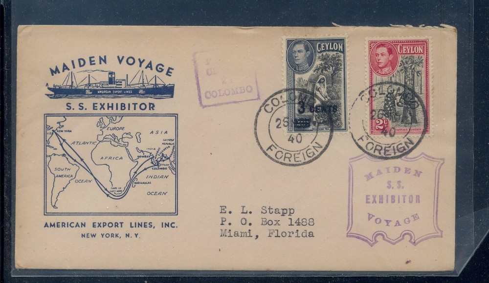 Ceylon  maiden voyage  SS  Exhibitor  1940, censor, ship cachet